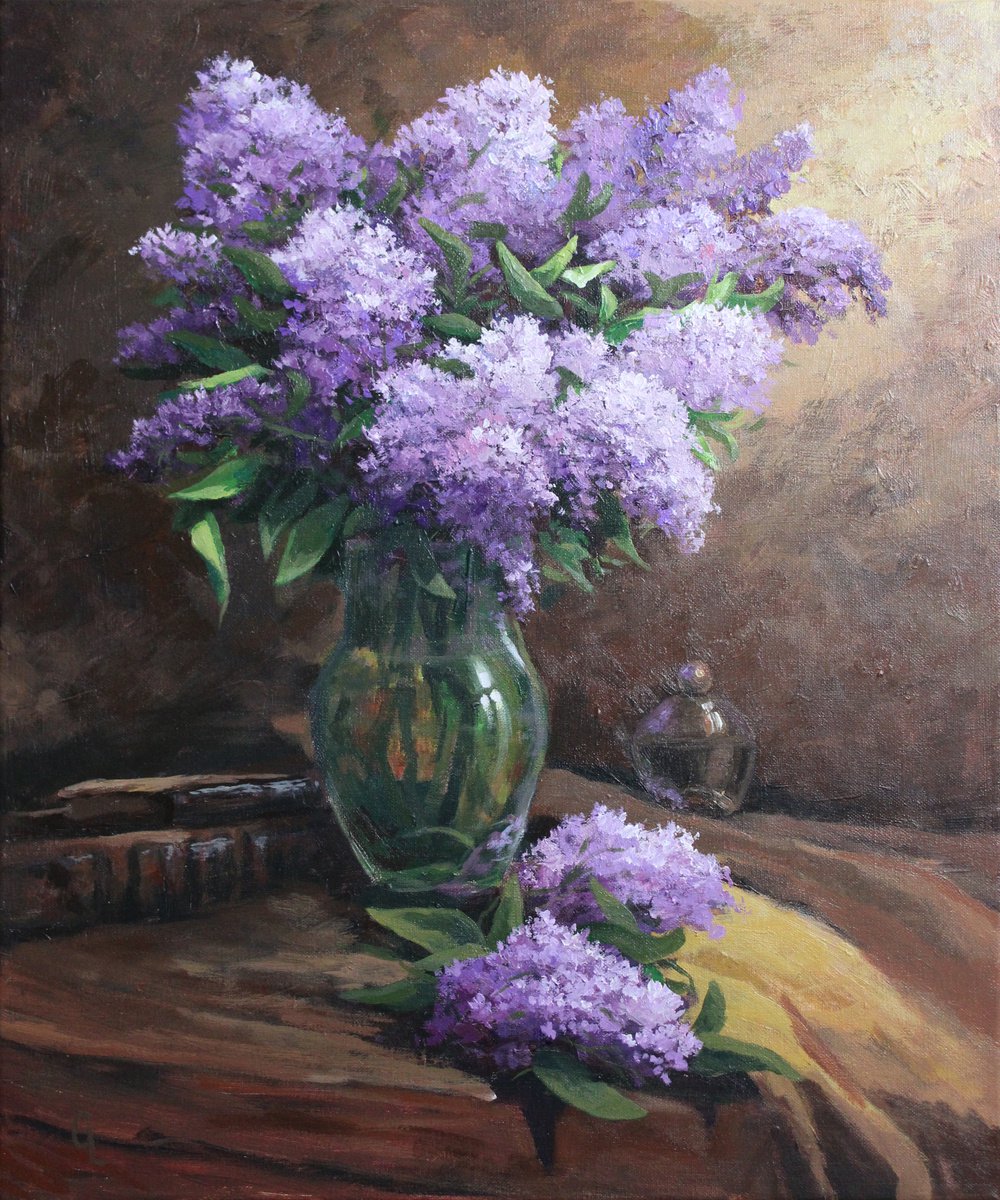 Lilacs in a vase. 50x60 cm. Original painting. For a gift. by Linar Ganeev