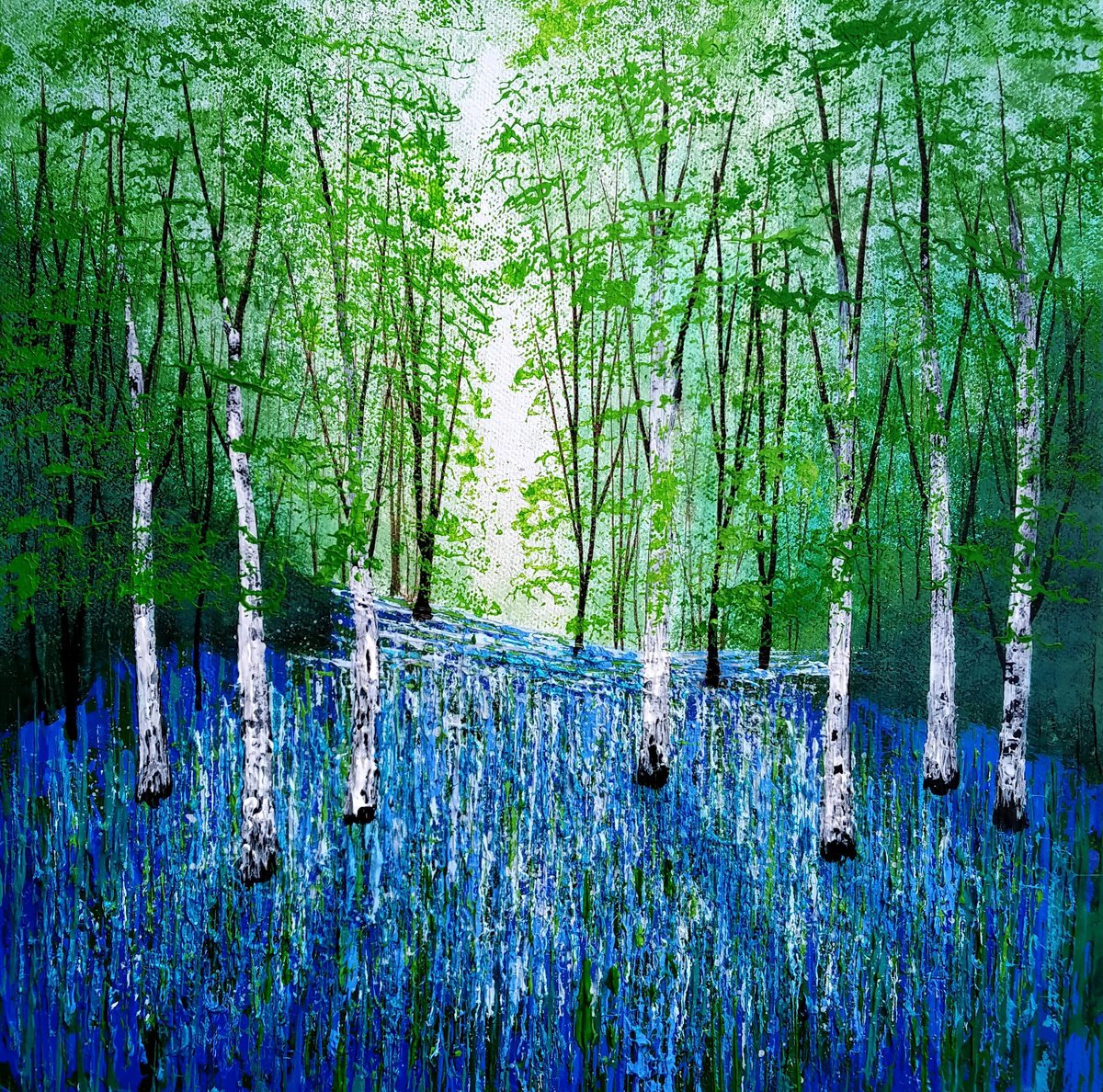 Impressionistic Landscape Acrylic Painting By Amanda Horvath, 12 X 12, Blue Spring Forest Glade, Original Artwork