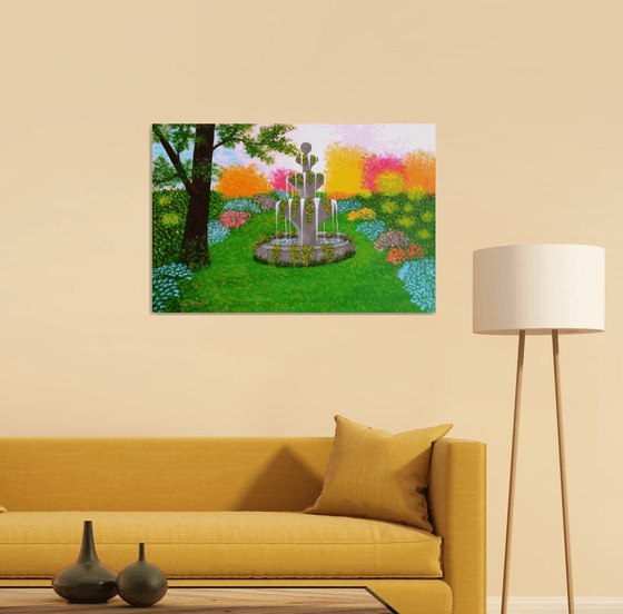 Make A Wish - large wild garden landscape; spring blossoms; wishing fountain; home, office decor; gift idea
