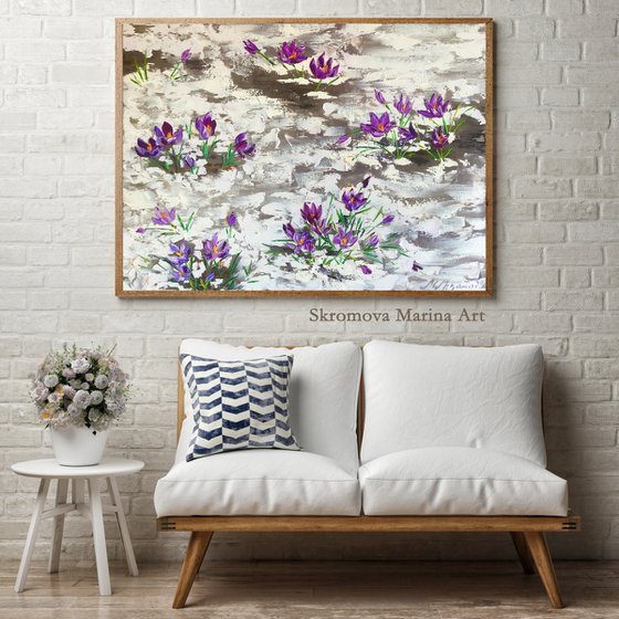 FOREST WINTER LAWN - Spring flowers. Delicate landscape. Lilac lilies. Blooms. Capel. Sprouts. Wakes up. Nature.