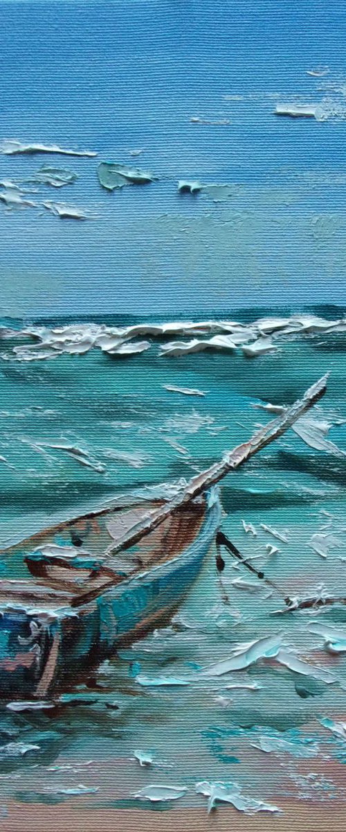 "IN PARADISE  " SHIP BOAT SAIL original painting palette knife GIFT MODERN URBAN ART OFFICE ART DECOR HOME DECOR GIFT IDEA by Monika Luniak