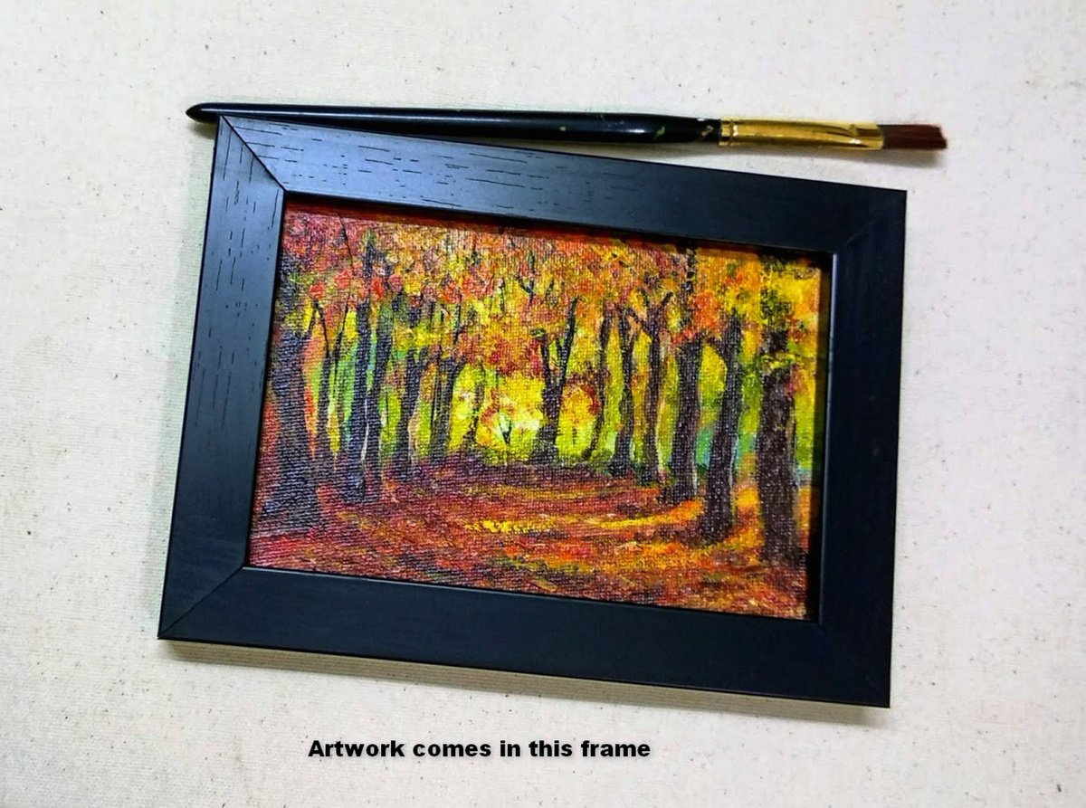 Miniature Autumn Landscape Painting Golden Autumn Woods 6x 4 by Asha Shenoy