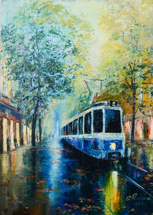Original oil painting '' City tram'' by Oleg Panchuk