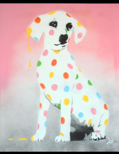 Damien's dotty, spotty, puppy dawg (pink on The Daily Telegraph) + free poem. by Juan Sly