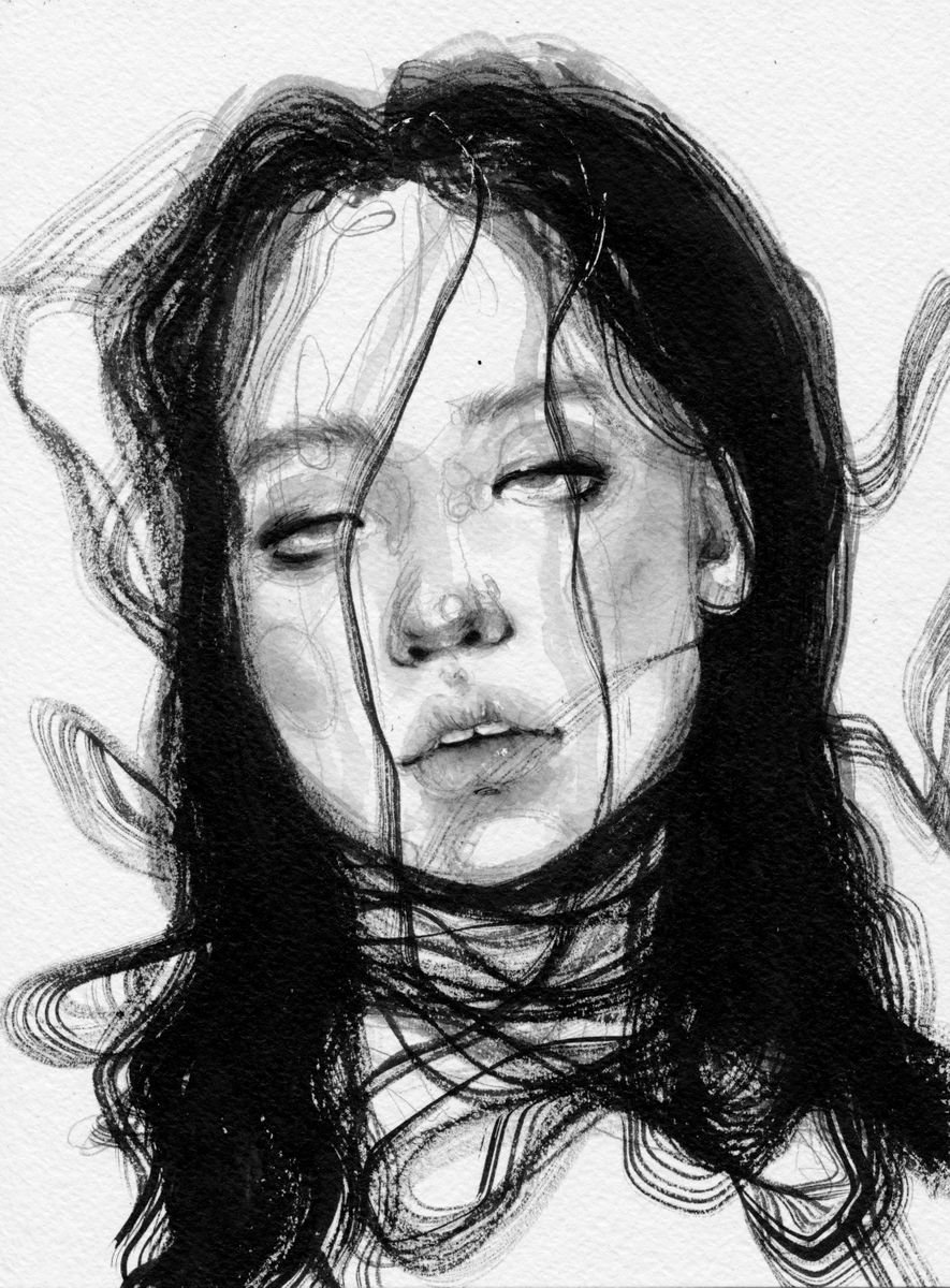 Expressive Portrait Ink Drawing By Doriana Popa, 7 X 9, Enchanted, Original Artwork