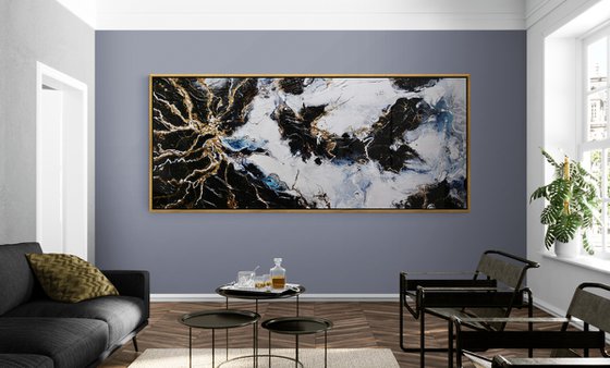 Golden Rapture 240cm x 100cm White Gold Black Textured Abstract Art