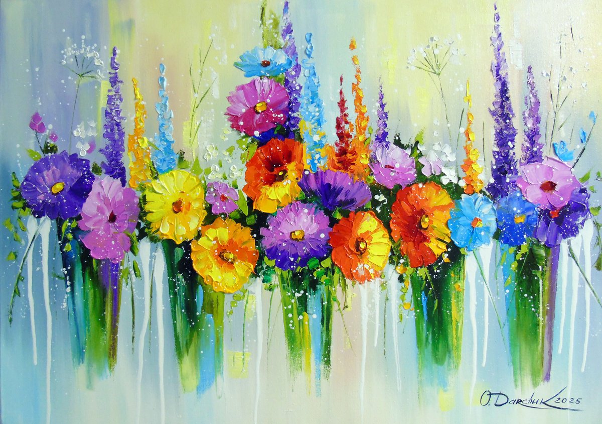Impressionistic Botanical Oil Painting By Olha Darchuk, 28 X 20", Symphony Of Summer, Original Artwork
