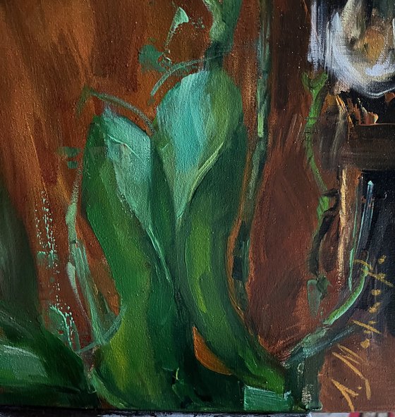 ORANGE KIMONO WHITE ORCHIDS