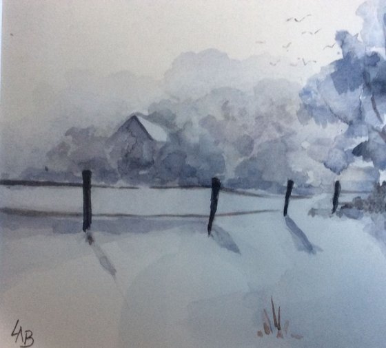 snow scene, winter scene, original watercolour, linda bartlett, framed watercolour