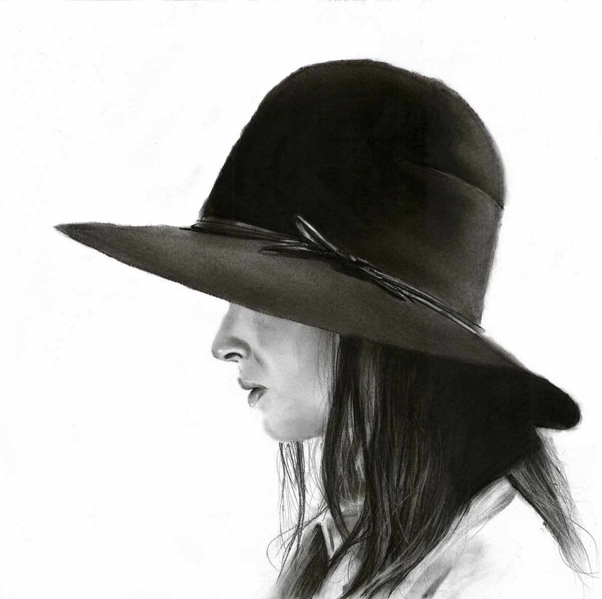 Photorealistic Portrait Charcoal Drawing By Denny Stoekenbroek, 14 X 14, Incognito, Original Artwork