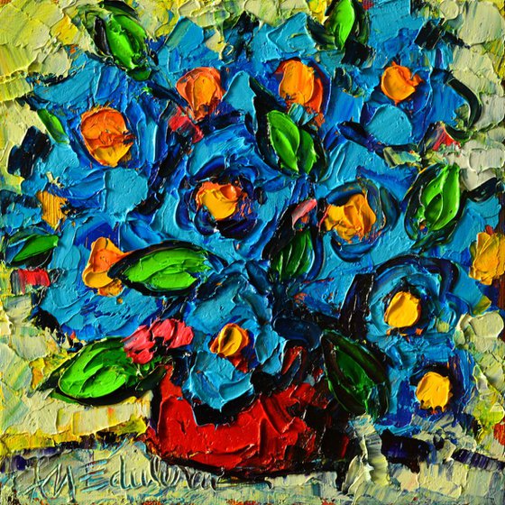 ABSTRACT BLUE POPPIES IN RED VASE