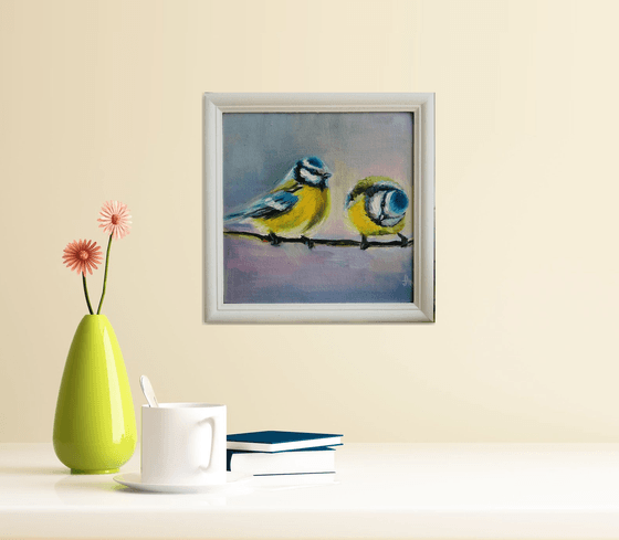 Chickadee couple Winter birds Framed and Ready to Hang Painting