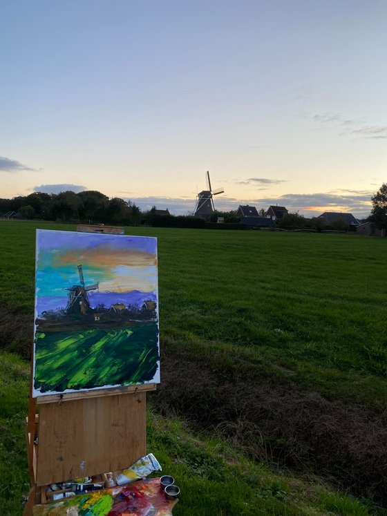 Windmill at sunset. Plein Air