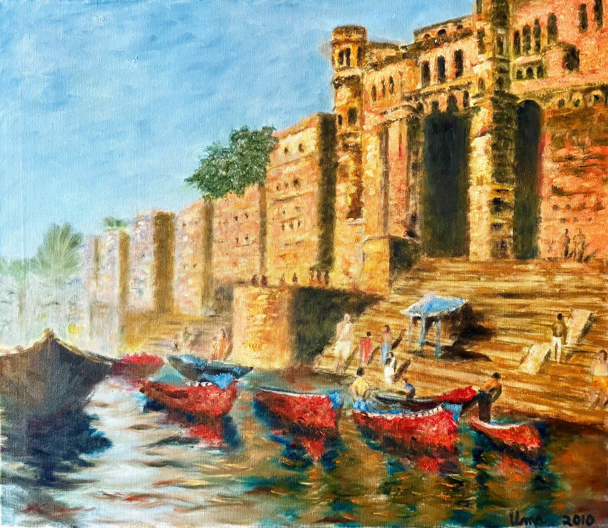 Impressionistic Cityscapes Oil Painting By Uma Krishnamoorthy, 28 X 24", Benaras Ghats, Original Artwork