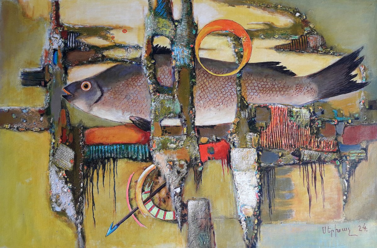 Abstract Animal Oil Painting By Sergey Xachatryan, 33 X 22", Out Of The Water, Original Artwork