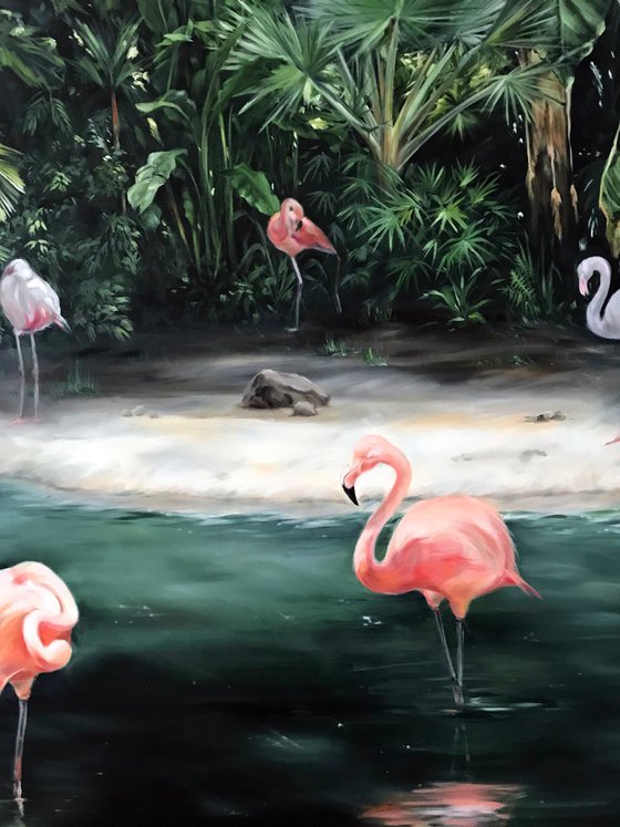 Author's oil painting of the tropics "Landscape with flamingos" 140 * 100 cm