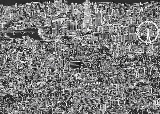 London Skyline with the Shard (Black and white drawing with collage detail)