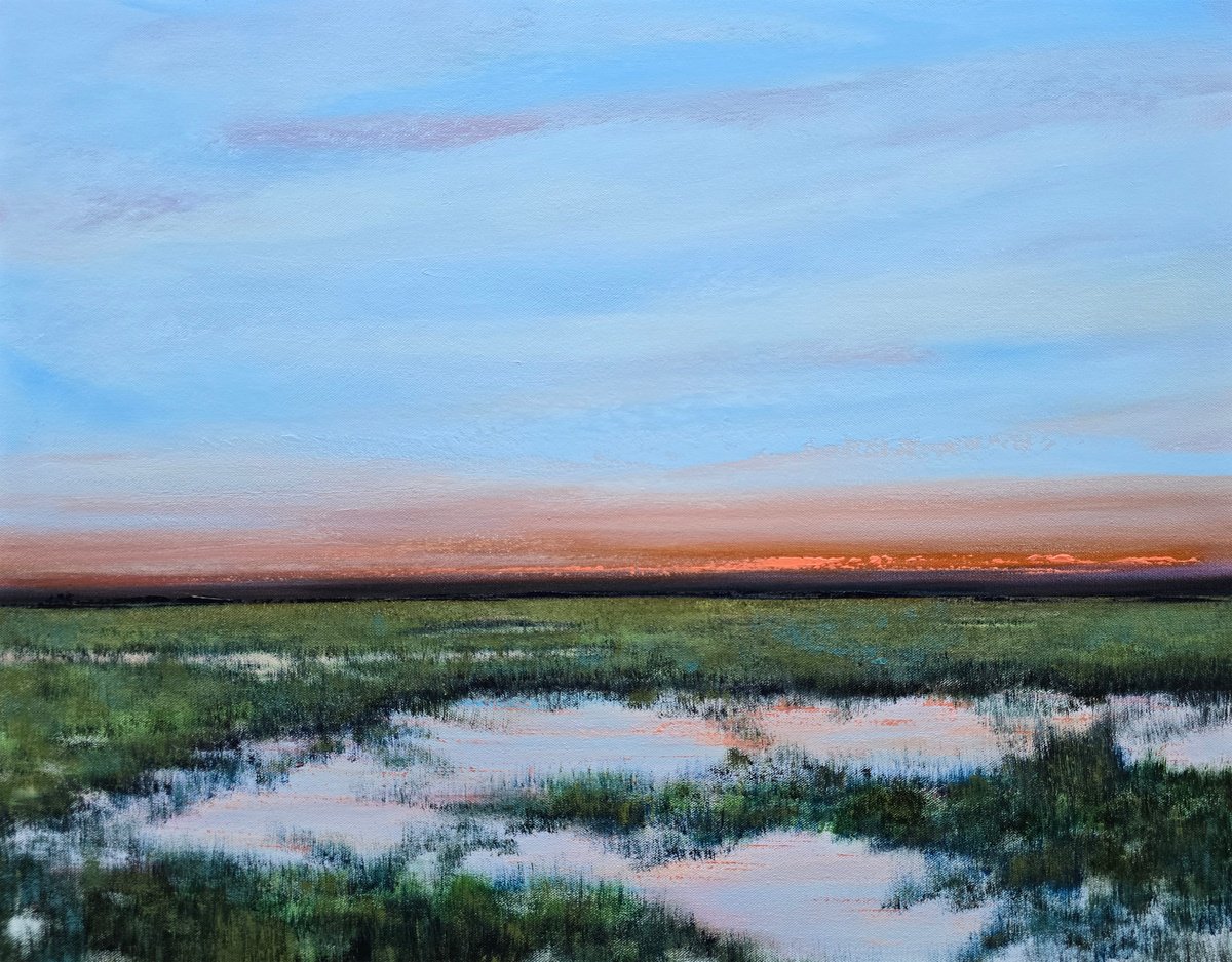 Impressionistic Landscape Oil Painting By Faith Patterson, 28 X 22, Wetlands At Dusk, Original Artwork