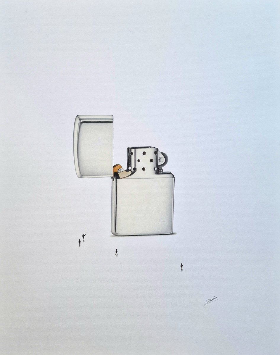 Photorealistic Still Life Pencil Drawing By Daniel Shipton, 16 X 20, Zippo Lighter: Steel, Original Artwork