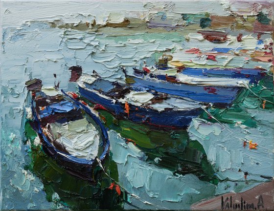 Boats   - Original  impasto oil painting