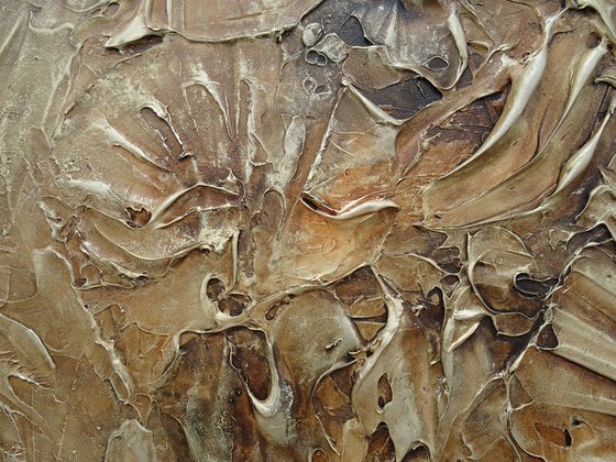 SEA SHELLS AND FOSSILS IN BROWN and GOLD. Abstract Vertical XXL Painting 3D Art
