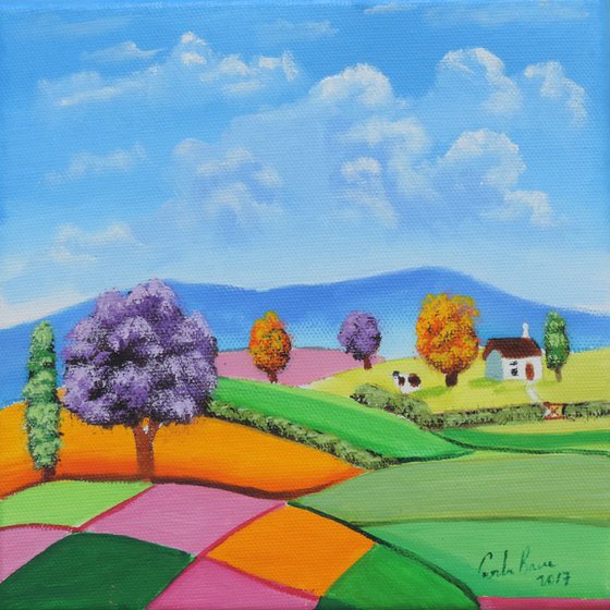 Rolling hills folk art 8" x 8"