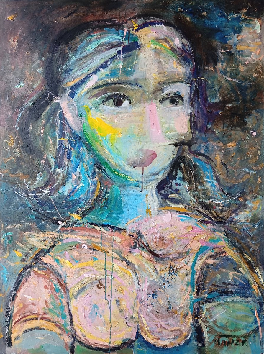 Organic Portrait Acrylic Painting By Catalin Ilinca, 36 X 48, Portrait Of A Woman, Original Artwork