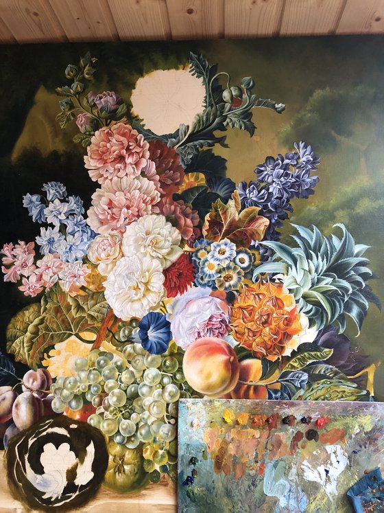 COPY OF PAUL THEODOR VAN BRUSSEL "STILL LIFE OF FRUITS AND FLOWERS TOGETHER WITH A BIRD'S NEST ARRANGED UPON A STONE LEDGE"