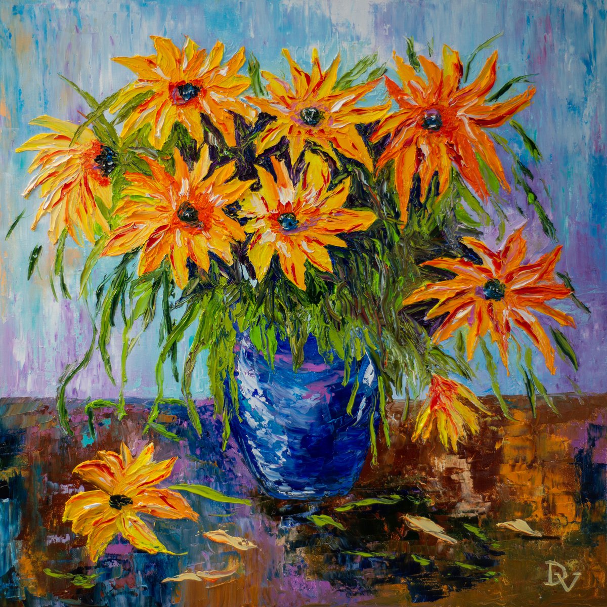 Impressionistic Still Life Oil Painting By Vladyslav Durniev, 24 X 24", Yellow Flowers, Original Artwork