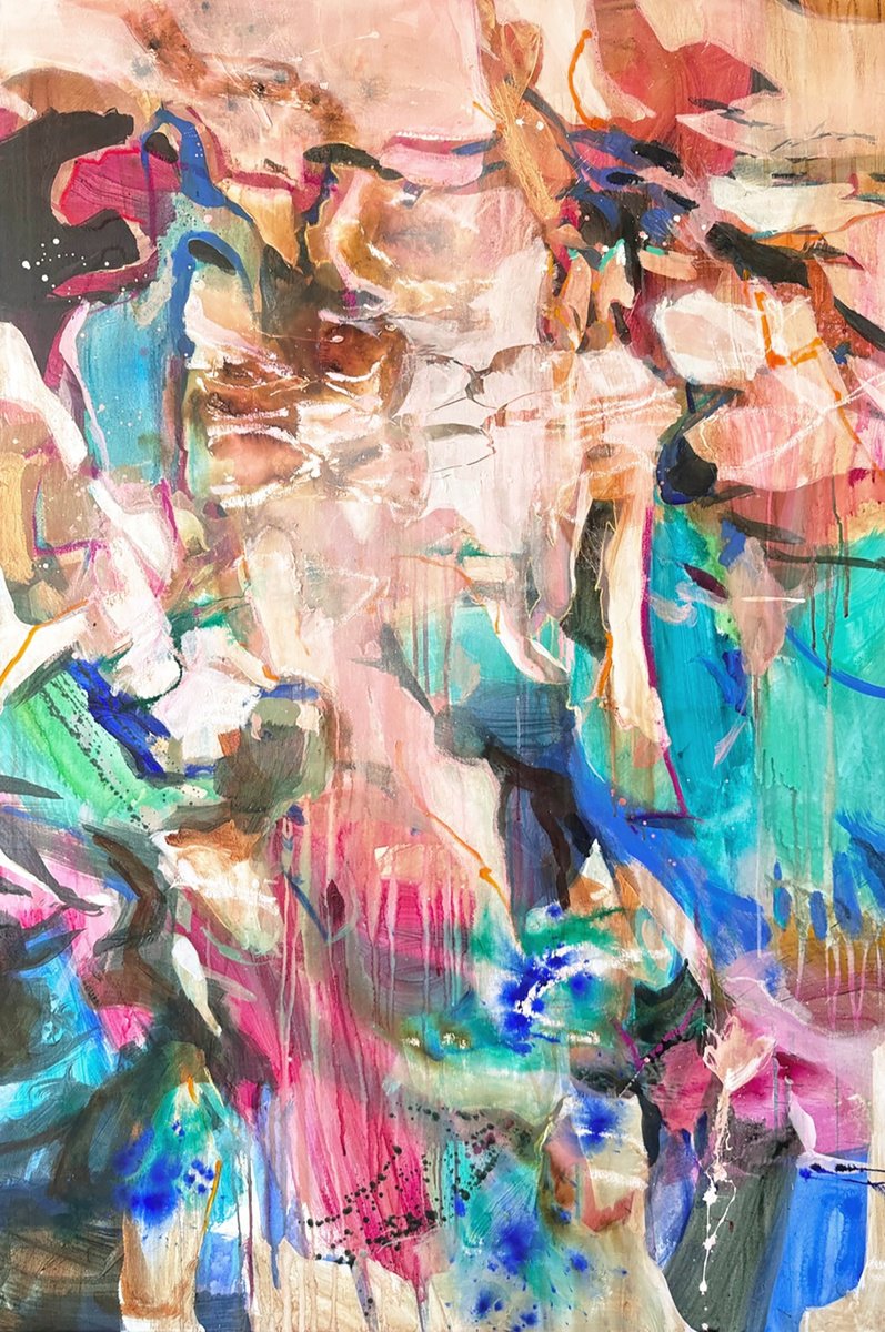 Organic Abstract Acrylic Painting By Anna Rolskaya, 39 X 59, Her Heart Danced Behind Closed, Original Artwork