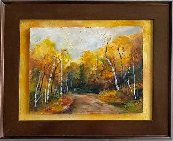 Realistic Original Oil Painting Fall Landscape image 7x9 Copper Frame 12x14