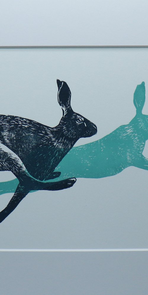 Running Hares Linocut, Mounted by Alex Jabore