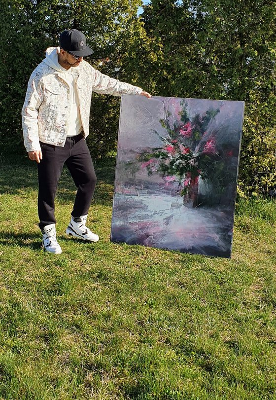 " Vase of pink flowers " W 97 x H 121 cm