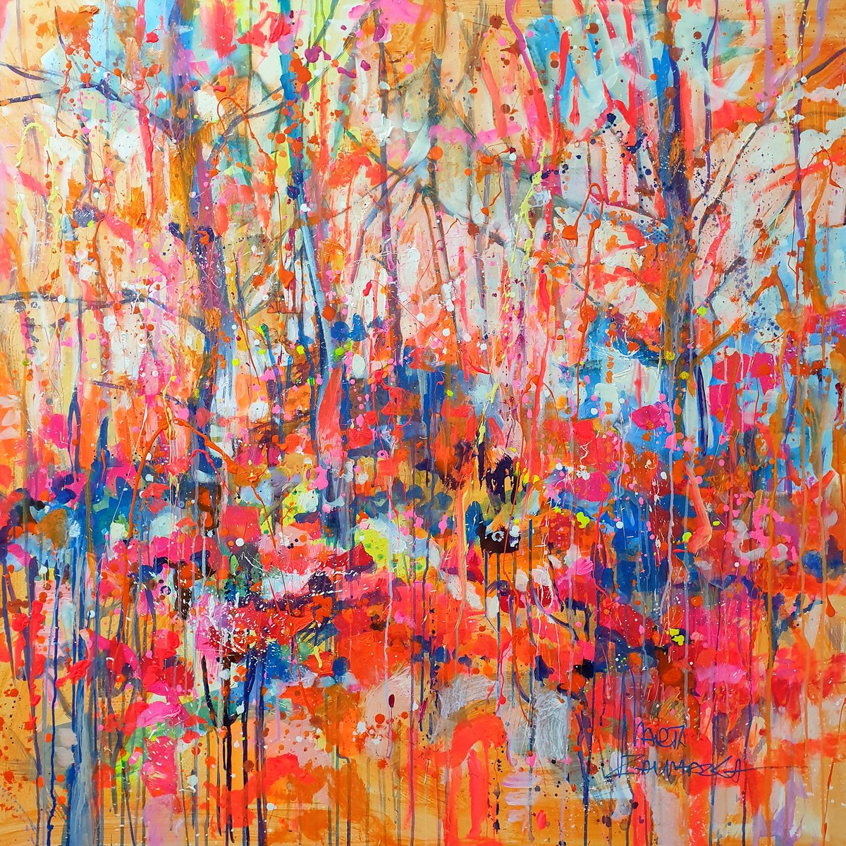 Impressionistic Landscape Acrylic Painting By Marta Zawadzka, 47 X 47", Magical Forest, Original Artwork