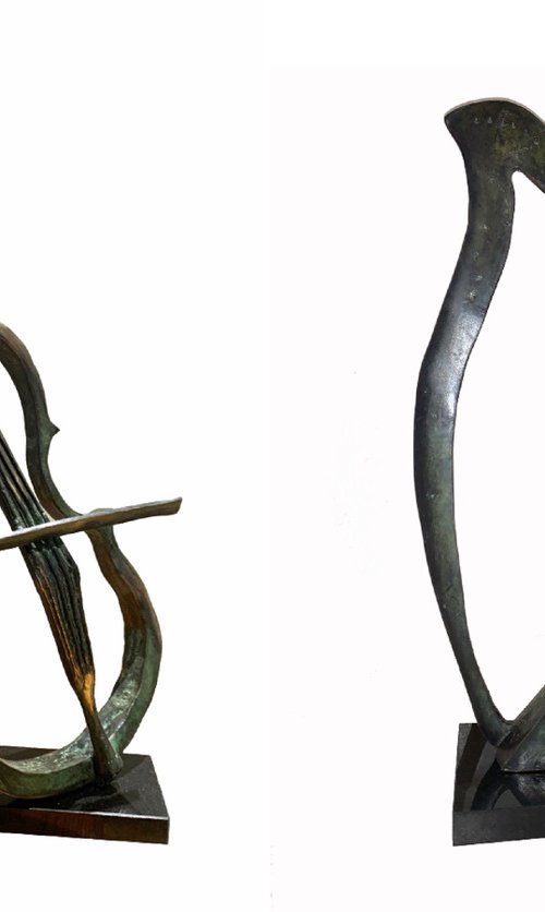 Diptych sculpture: Cellist + Harp player by Toth Kristof