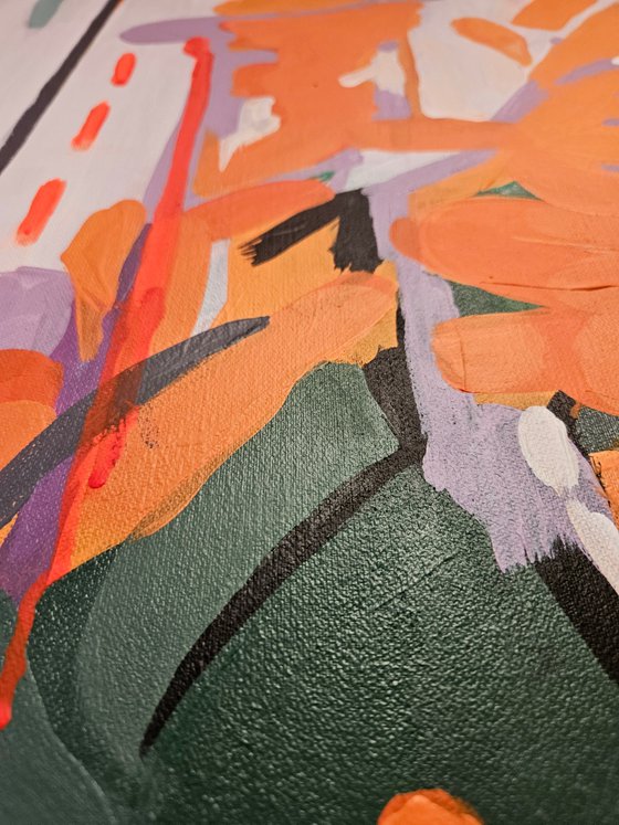 After the rain #3, orange pink black painting