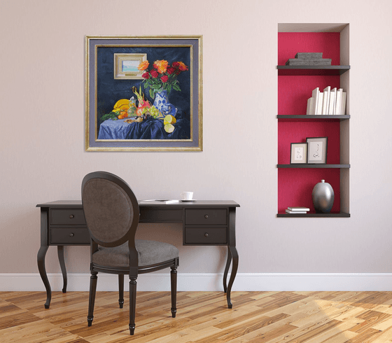 Roses in a ceramic vase and fruits