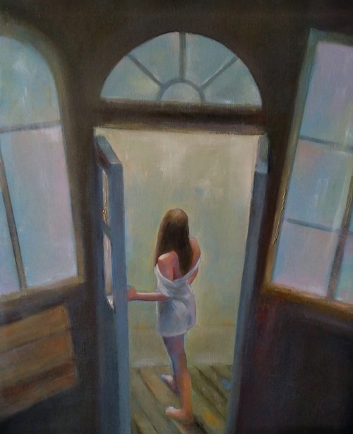 At the window (40x50cm, oil canvas, ready to hang) by Kamsar Ohanyan