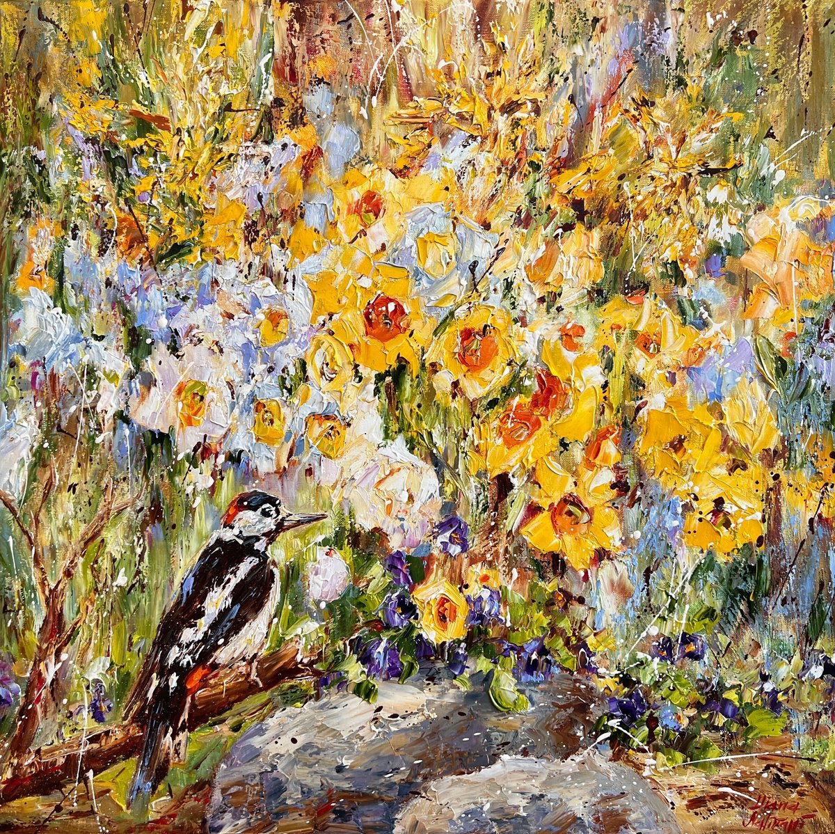 Impressionistic Animal Oil Painting By Diana Malivani, 20 X 20, Spring Story, Original Artwork