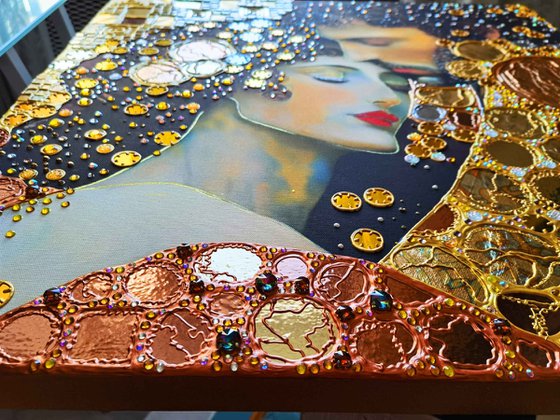 Love original painting. Golden decorative artwork with gold leaf. Gift for woman \ wife