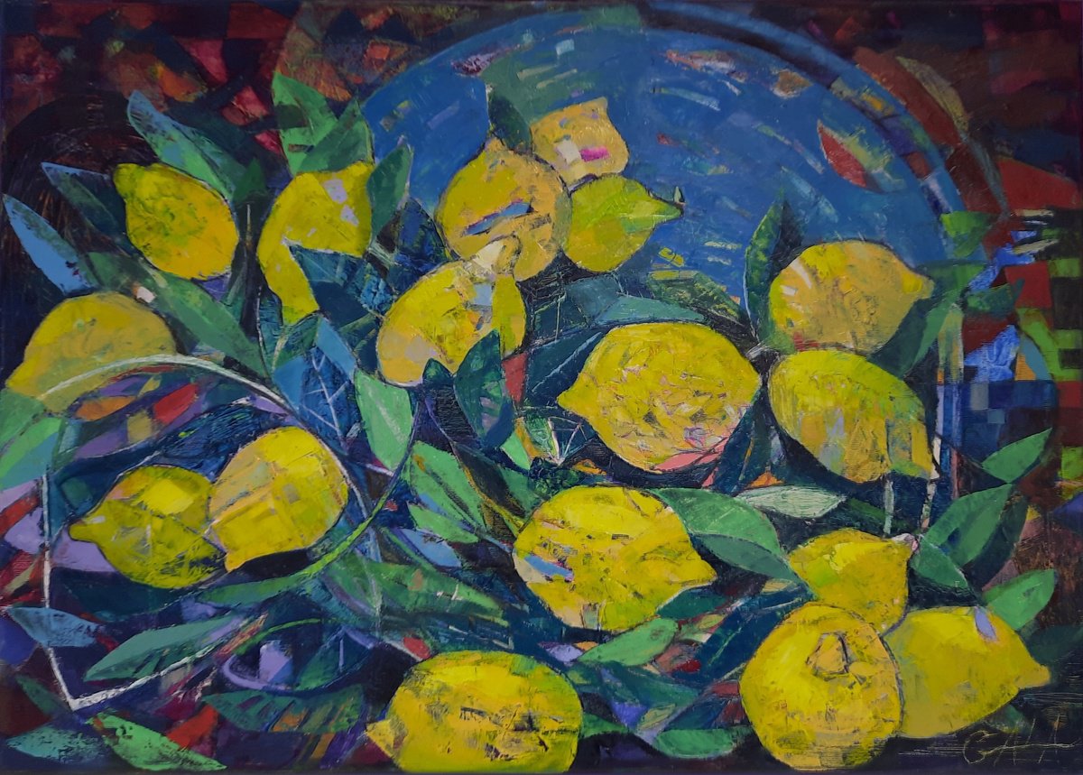 Expressive Botanical Oil Painting By Galya Koleva, 28 X 20, Lemon Tree, Original Artwork