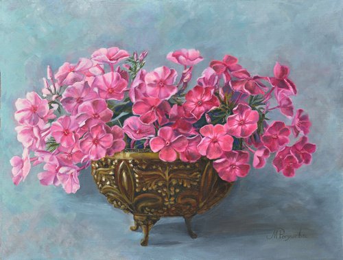 Phloxes in the bronze vase original oil painting by Marina Petukhova