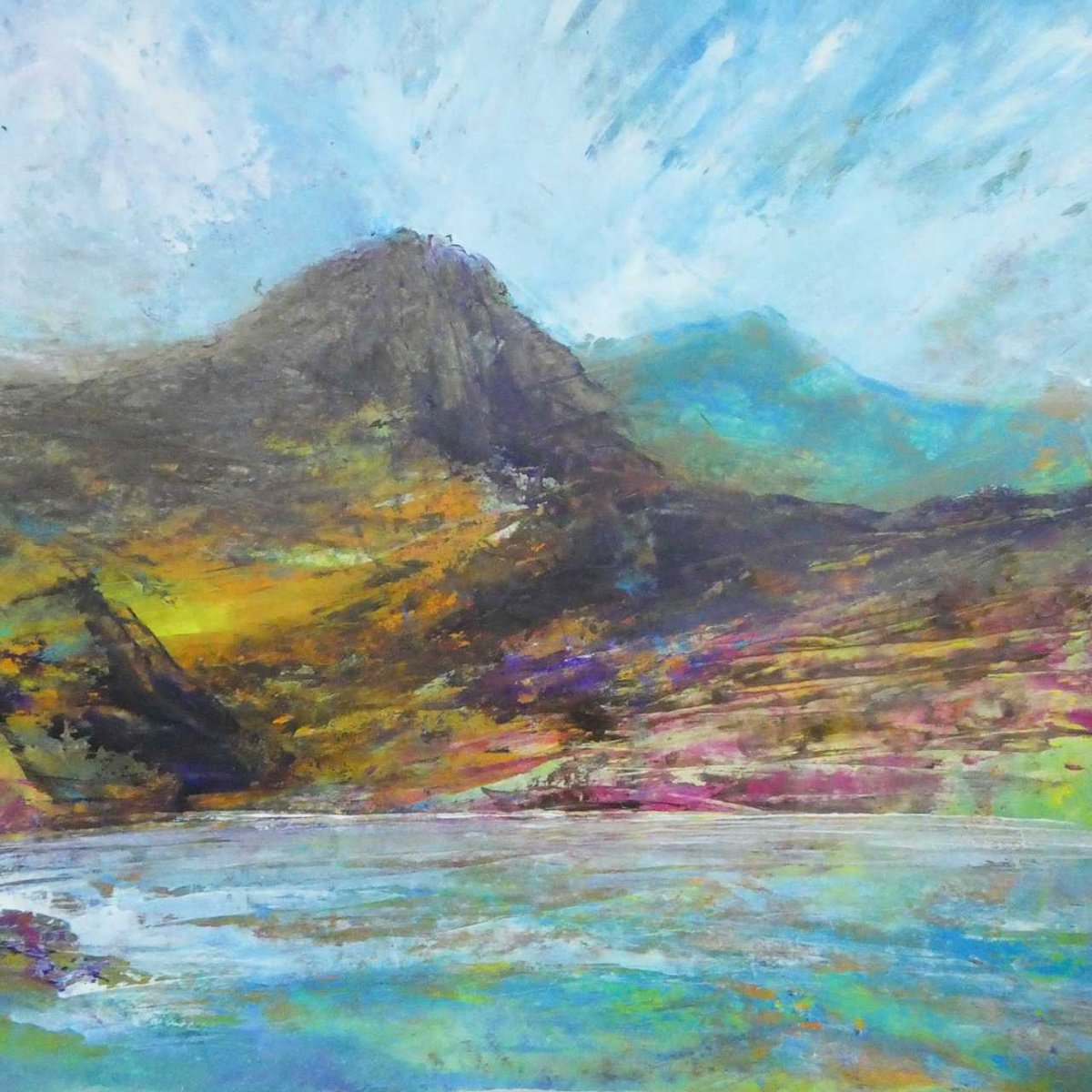 Impressionistic Landscape Acrylic Painting By Oconnart, 17 X 17", Lakeside Crags, Original Artwork