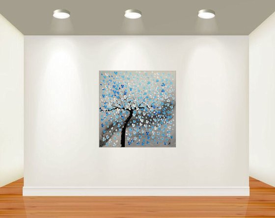 Blue Dreams  Acrylic Art Painting , Blue Cherry Blossoms, Abstract Painting, Flowers, Large Painting Canvas Wall Art