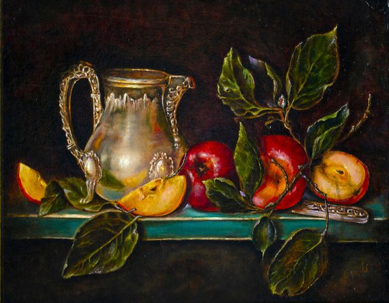 Silver jug with apples