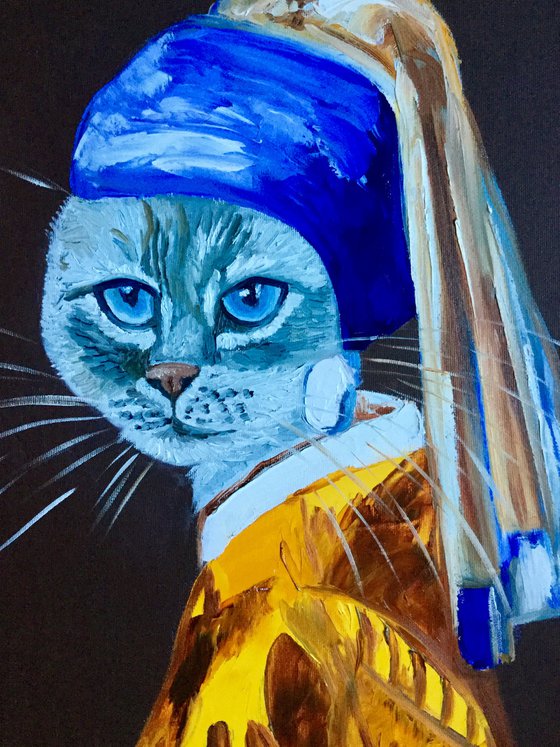 Cat with the pearl earring and blue eyes  inspired by Vermeer painting feline art for cat lovers gift idea