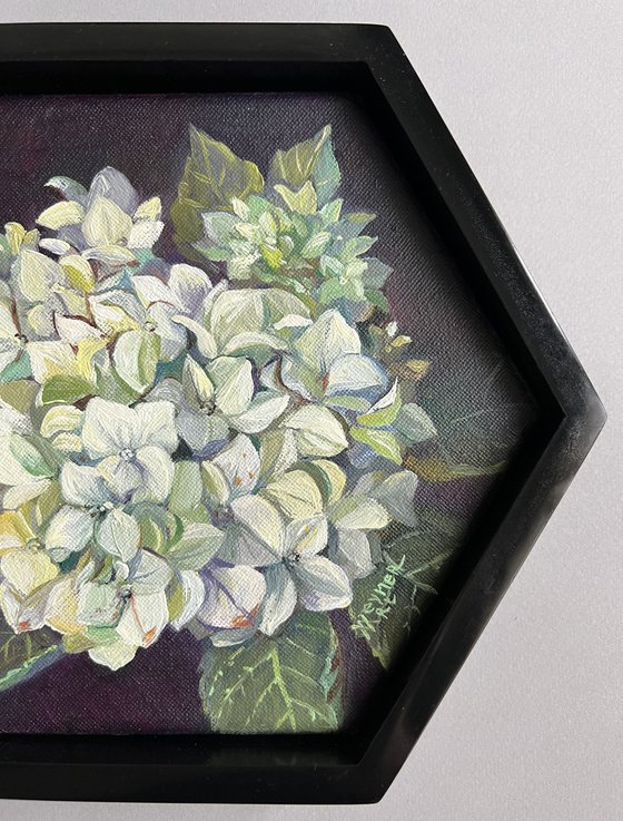 White hydrangea. Bouquet of flowers in oil painting.