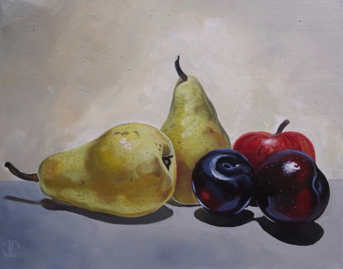 Impressionistic Still Life Acrylic Painting By Joseph Lynch, 20 X 16, Pears And Plums, Original Artwork