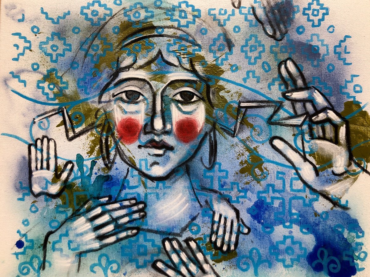 Naive Portrait Painting By Yuliia Chaika, 14 X 11", - The Past” Acrylic Charcoal, Original Artwork