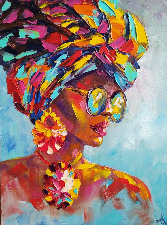 On a sunny day - portrait, oil painting, Africa, woman portrait, african woman, turban, woman, glamor, woman face, face oil painting